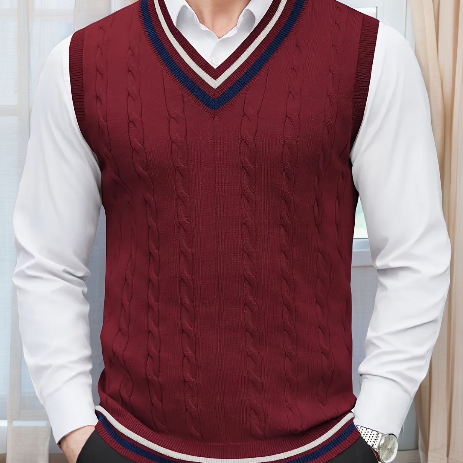 Gilet Homme Sans Manches Col en V Tricoté, Design Décontracté et Rétro, Idéal pour l'Automne et l'Hiver, Parfait pour un Look Décontracté et Sophistiqué en Toute Occasion