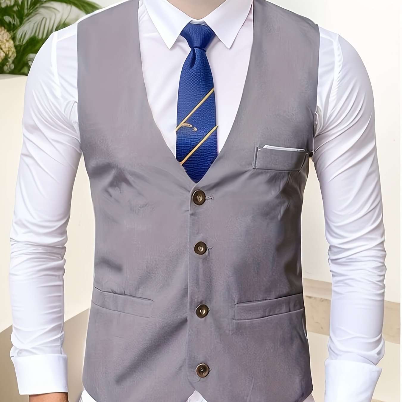 Gilet de Costume à Col en V, Style Rétro Décontracté pour Homme, Gilet Cintré Uni à Simple Boutonnage pour Tenue de Soirée
