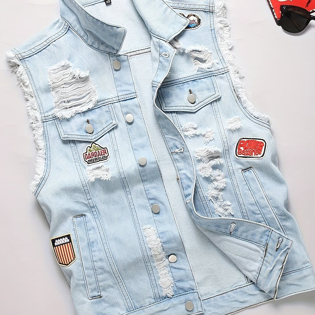 Veste en denim délavé pour homme, mélange coton, non extensible, déchirée, coupe régulière, sans manches, col à revers, style streetwear, tissé, pour printemps\u002Fautomne