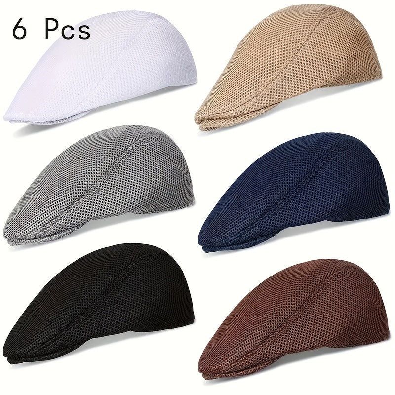6pcs Men'S Breathable Mesh Flat Caps - Lightweight, Polyester, Round Brim, Ideal for Summer, Sports, and Casual Wear, Sports Cap | Stylish Headgear | Lightweight Cap