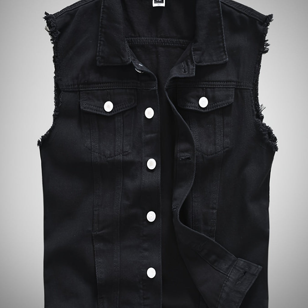 Veste décontractée en denim pour homme - Style moto, couleur unie, boutonnage, tissu non extensible, idéale pour le printemps\u002Fl'automne