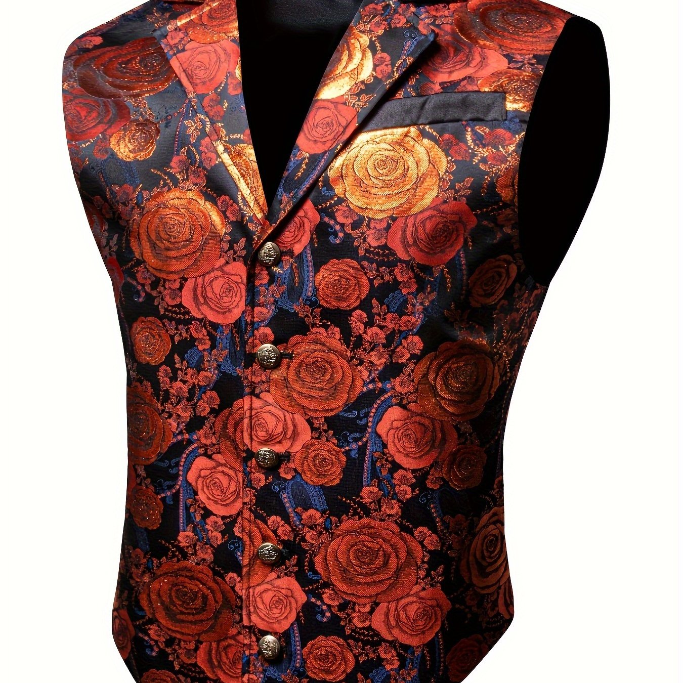 Gilet de Costume Jacquard Floral Vintage pour Hommes - Style Steampunk Gothique, Imprimé Floral Vert & Doré, Col Sur Mesure, Bouton en Cuivre, Poches Latérales, Parfait pour les Mariages, Bal de Promo & Événements Formels