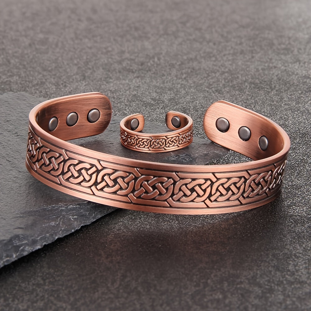 2Pcs Magnetic Copper Bracelet and Ring Set for Men, Adjustable Celtic Design, Natural Anti-Inflammatory Jewelry, Ideal for Christmas Gifts