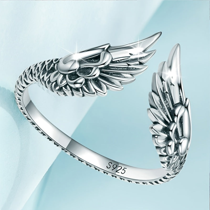 Silver Plated Plated Vintage Fashion Do Old Wing Open Ring Simple Vintage Guardian Feather Finger ring male and female Hip Hop holiday gift about 2.5g