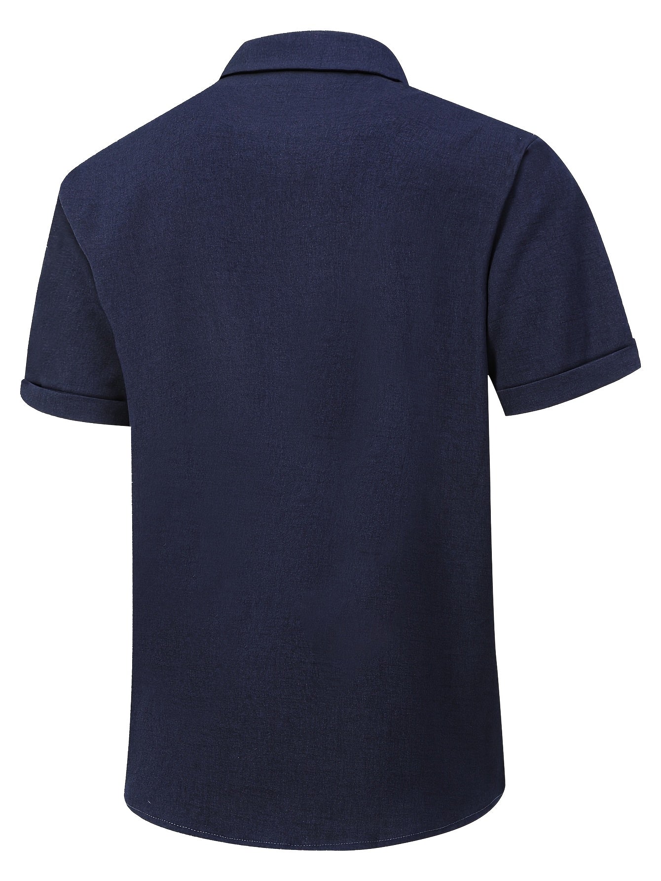 Men's Navy Blue Casual Short-Sleeve Shirt with Invisible Button Detail - Perfect for Beach, Summer Parties, Camping, and Outdoor Activities, Beach Party Attire | Mandarin Collar Shirt | Solid Color Top