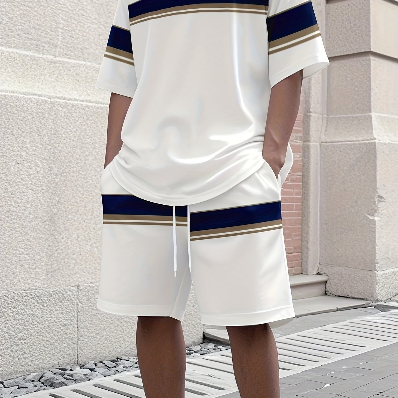 Men'S Athletic T-Shirt & Shorts Set - Navy Blue & White, Drawstring Waist, Sleeveless, Summer Sportswear, Casual Attire|Sporty Look|Comfortable Fi