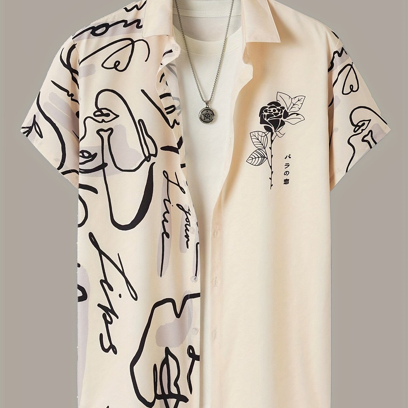 Men's Casual Short Sleeve Button-Up Shirt with Artistic Rose & Calligraphy Print - White with Beige Contrast, Breathable Summer Shirt, Machine Washable Regular Fit for Outdoor & Casual Wear, Nontransparent Fabric