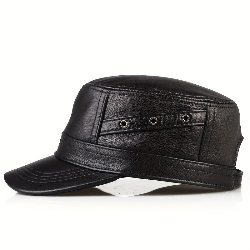 Premium Sheepskin Baseball Cap for Men - Fashionable Flat Brim Hat, Thin Design for Spring & Fall, Casual Outdoor Duckbill Cap for Middle-Aged Adults, Visor Cap | Sleek Headgear | Sleek Leather Ha